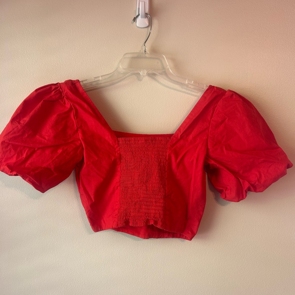 GB Red Puff Sleeve Smocked Crop Top